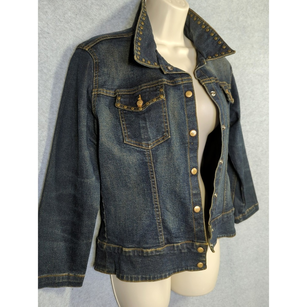 Denim Jacket Women M Studded Snap Front Indigo Western Flair Hipster Down Town